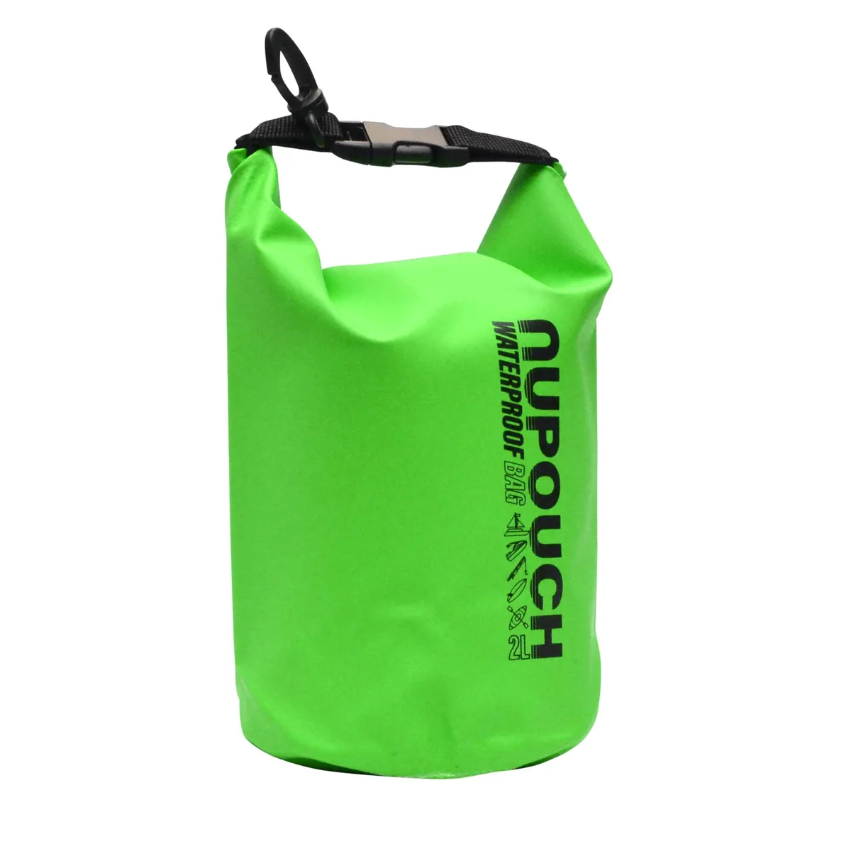 Green roll-top dry bag with wrist strap and clip