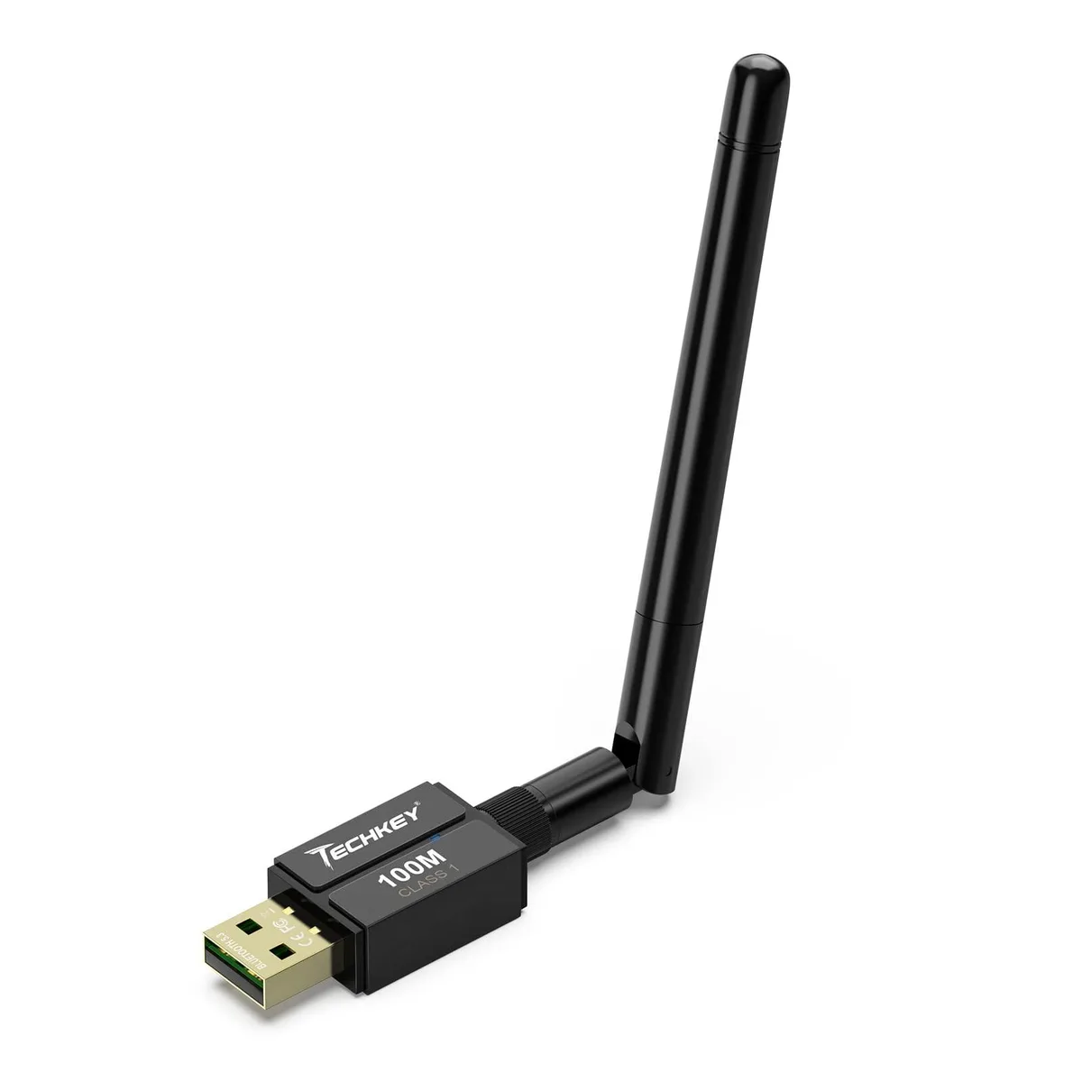 Small black USB dongle with a long external antenna