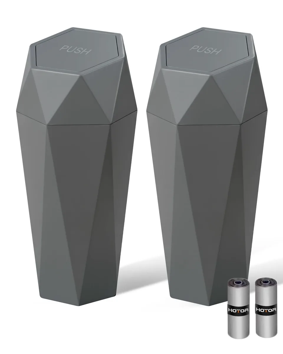Three white plastic car trash cans with flip lids