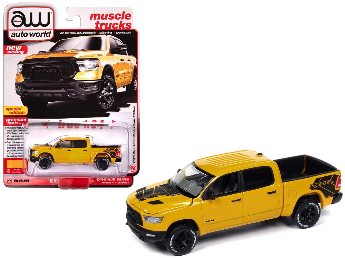 auto world Auto World 2023 Ram 1500 Rebel Havoc Edition Baja Yellow 1/64 Diecast Hobby Collectible — product photo