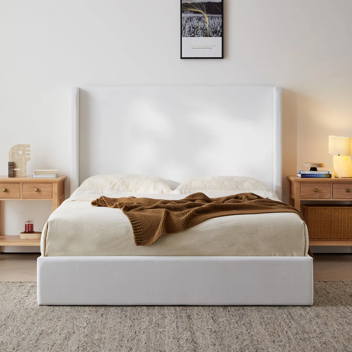 King-size upholstered wingback bed in coconut micro-suede fabric with tall 52.3-inch headboard and curved wings