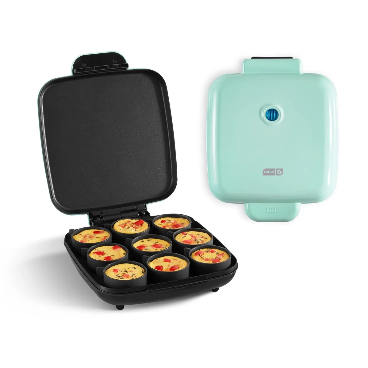 Aqua electric egg bite maker with silicone cups, compact countertop design