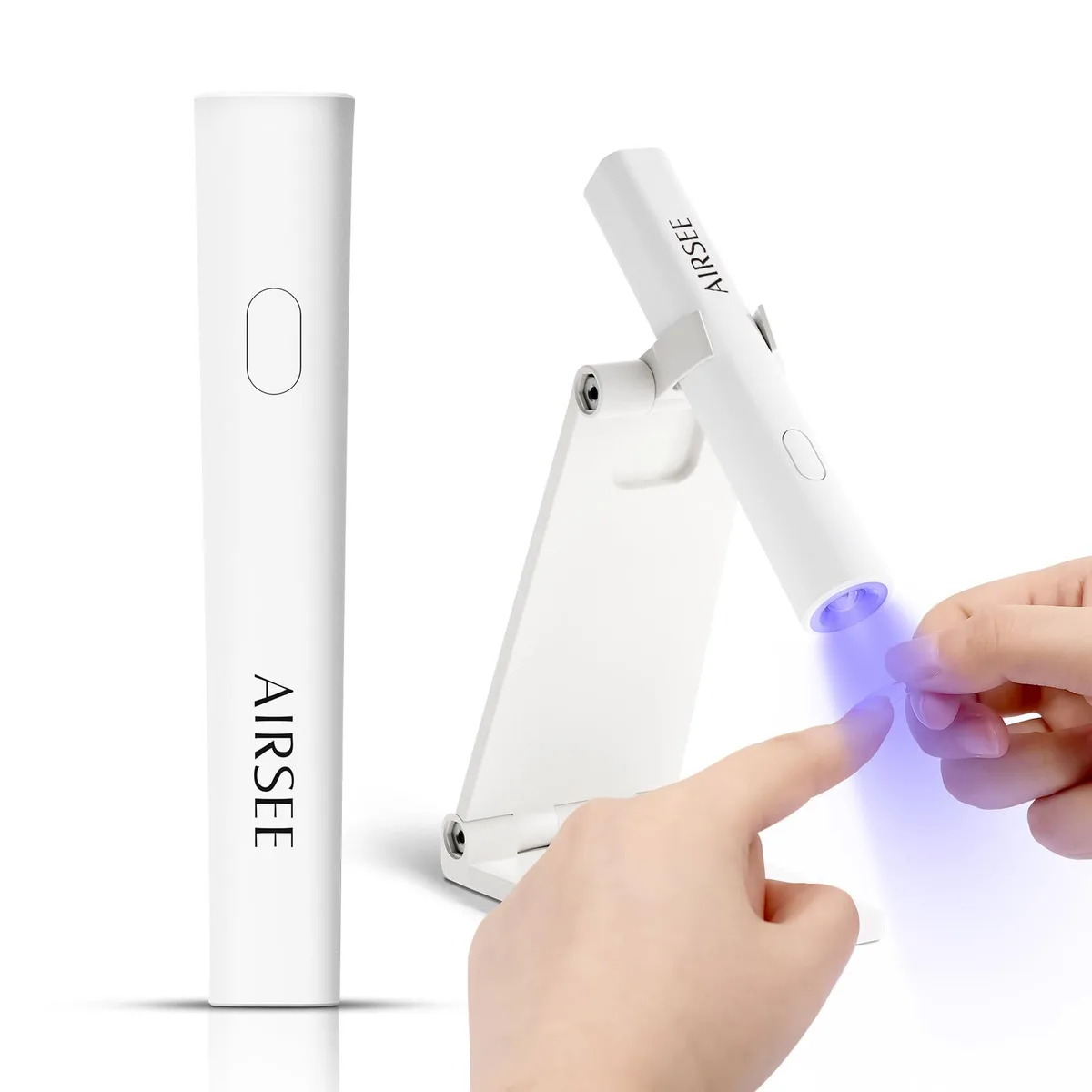 Compact white UV nail lamp with fold-out stand, cordless and rechargeable