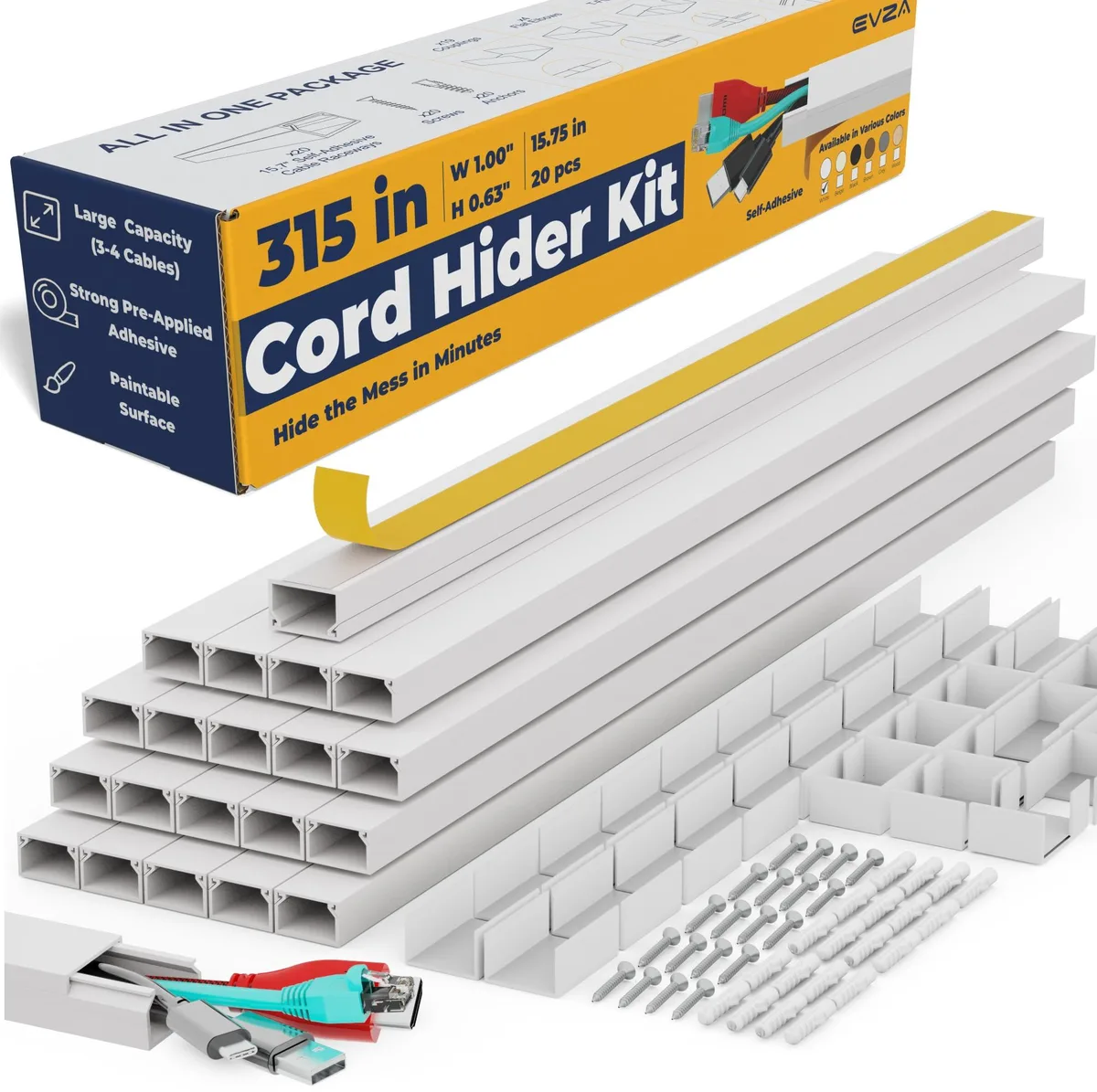 White self-adhesive PVC cable raceway kit, 20 pieces 15.7 in each, 315 in total