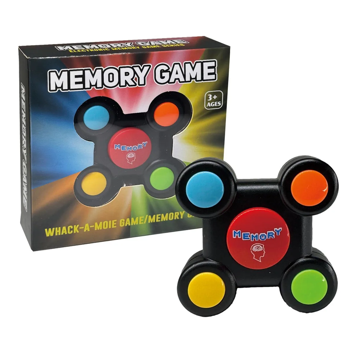 Small black handheld electronic memory game with light-up buttons