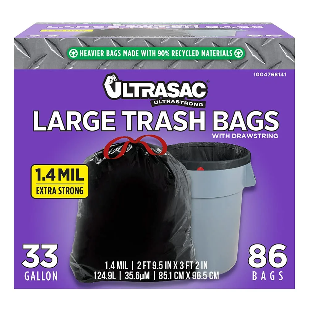  Ultrasac 33 Gallon Drawstring Trash Bags 1.4 Mil Pack of 86 — product photo