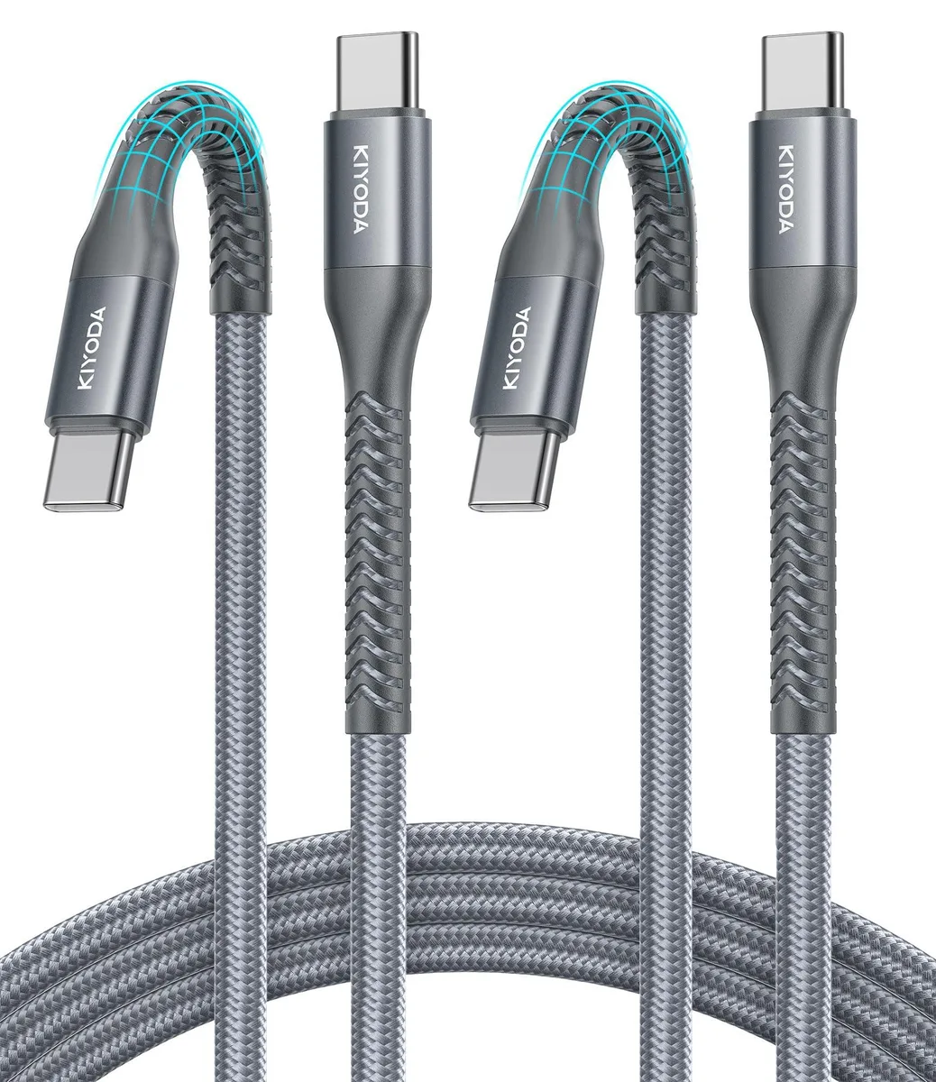 Two orange braided USB-C cables coiled together, each ten feet long