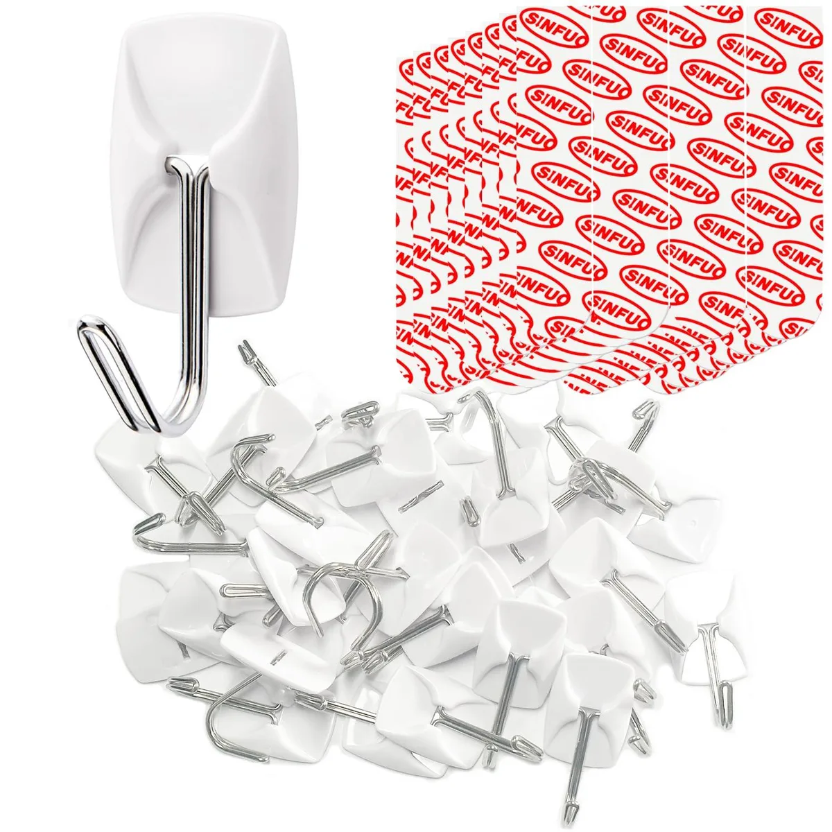 White plastic utility hooks with adhesive strips on a backing card
