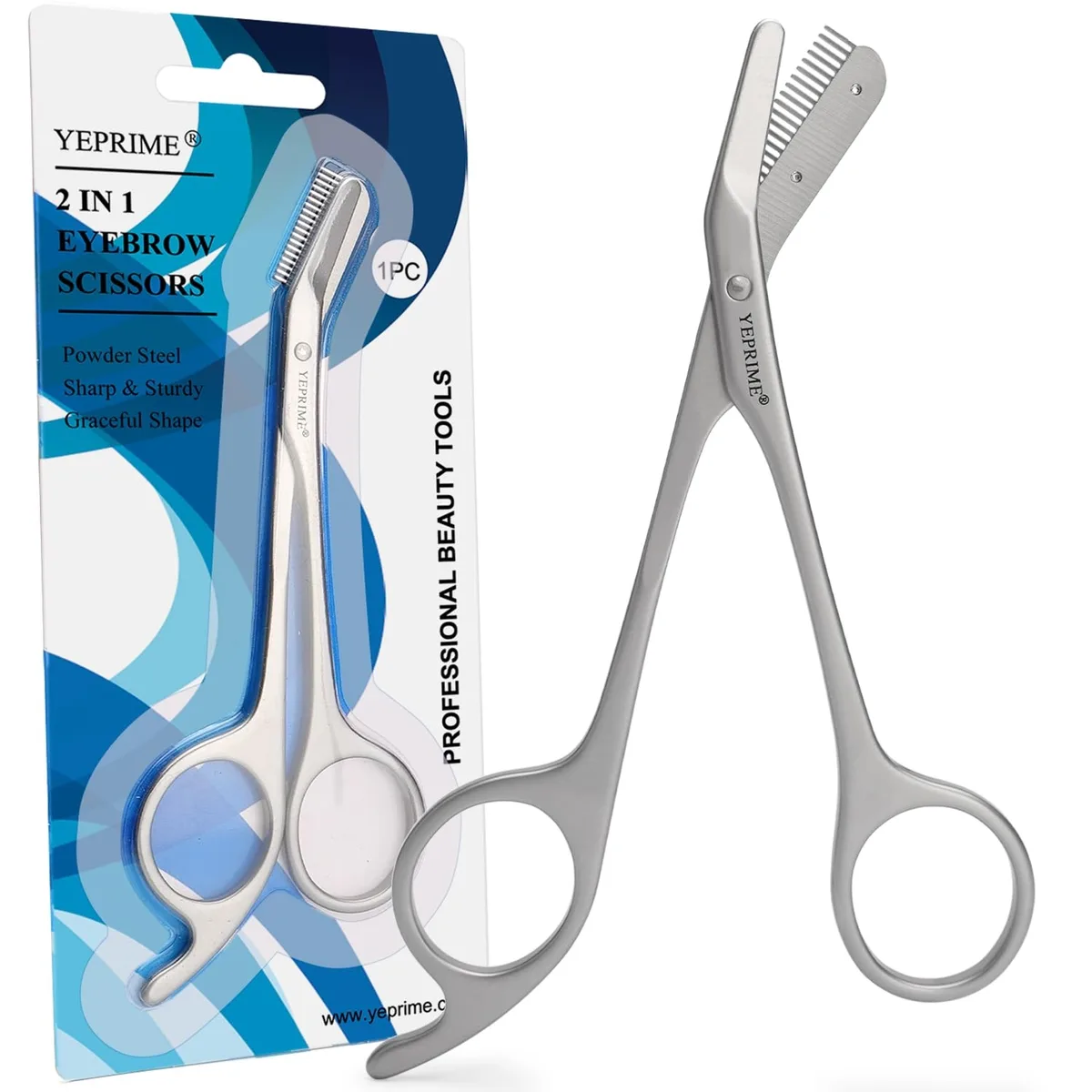 Blue stainless-steel eyebrow scissors with integrated comb, 5.7 inch length