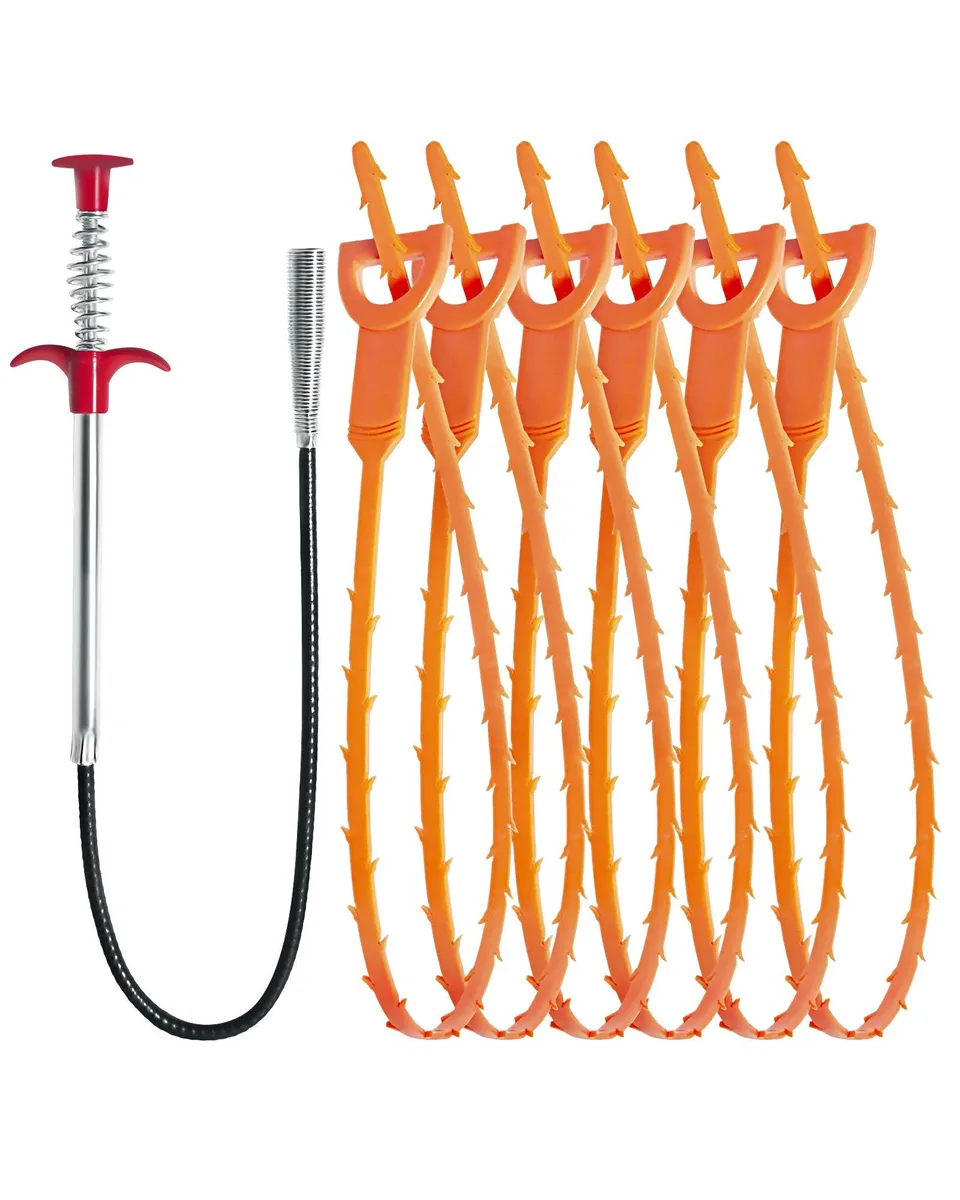 Seven drain tools: six 25-inch plastic barbed snakes and one 24-inch stainless steel claw grabber with red handle