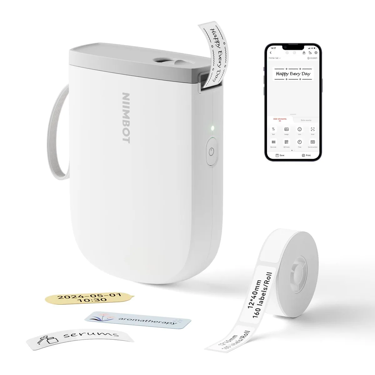 Compact white thermal label printer with integrated tape roll and rounded edges