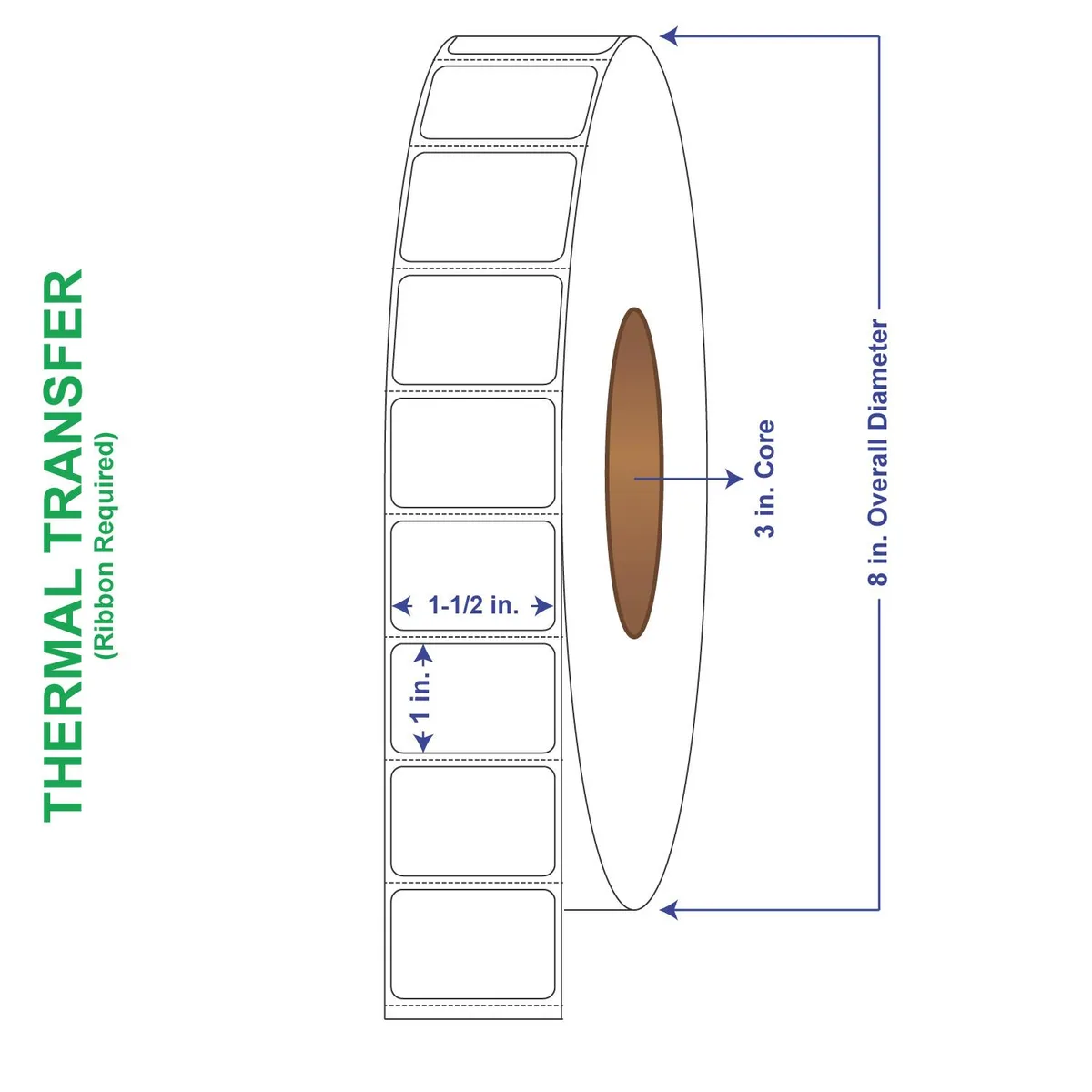 White rectangular thermal transfer label rolls with perforated edges, eight rolls per carton