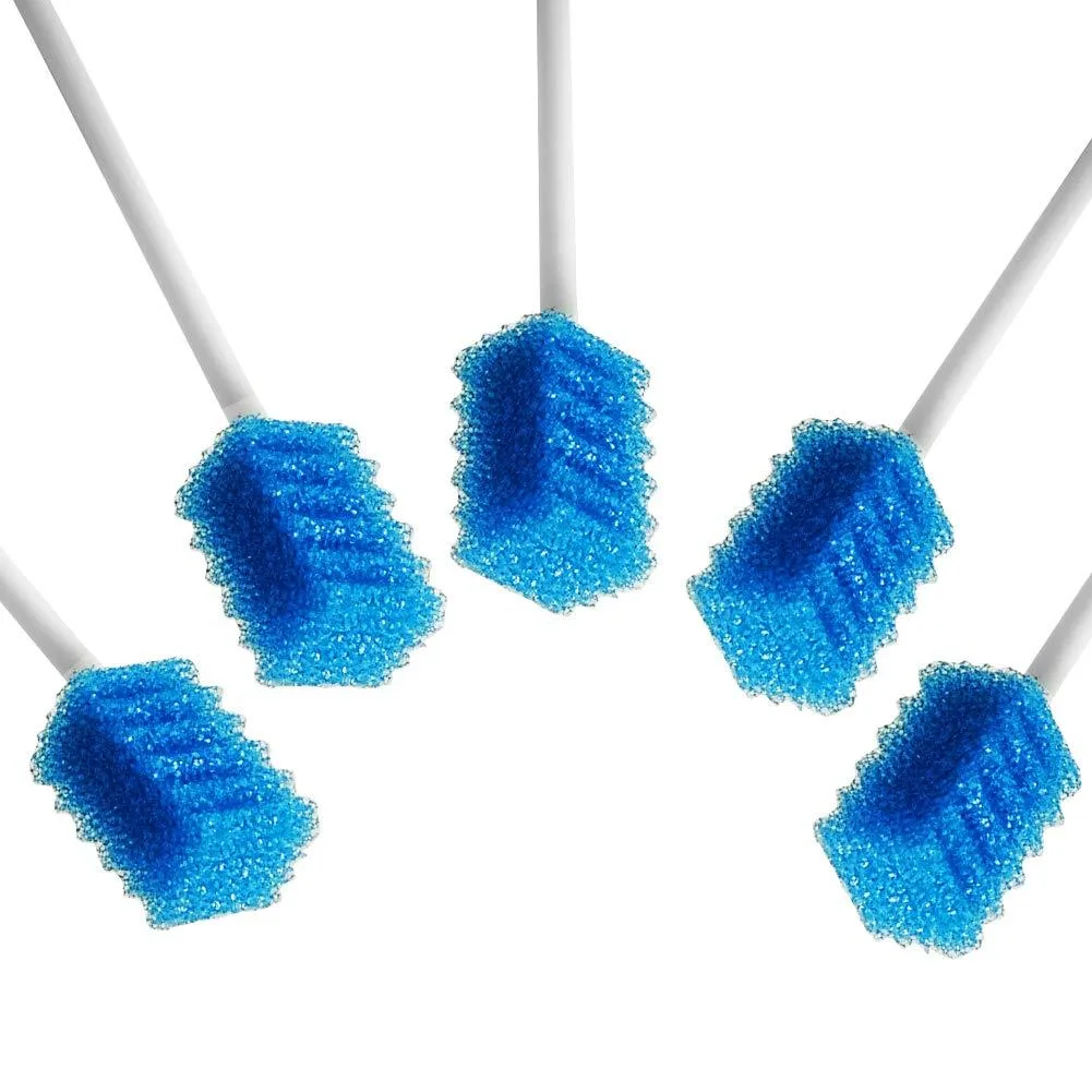Box of 100 individually wrapped oral swabs with ridged foam tips on white plastic handles