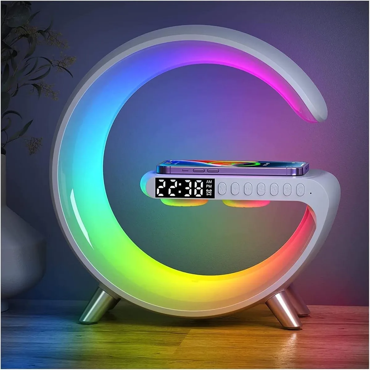 White G-shaped plastic table lamp with LED display and speaker grille