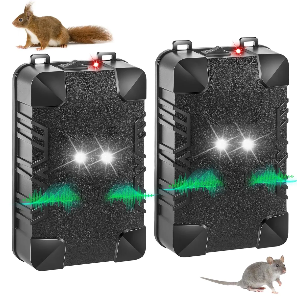 Two rectangular ultrasonic repellers with front strobe lights