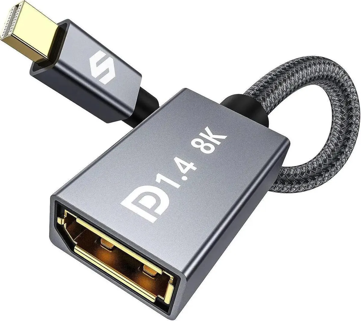 Short braided cable with Mini DisplayPort and full-size DisplayPort connectors, aluminium ends, 20 cm long