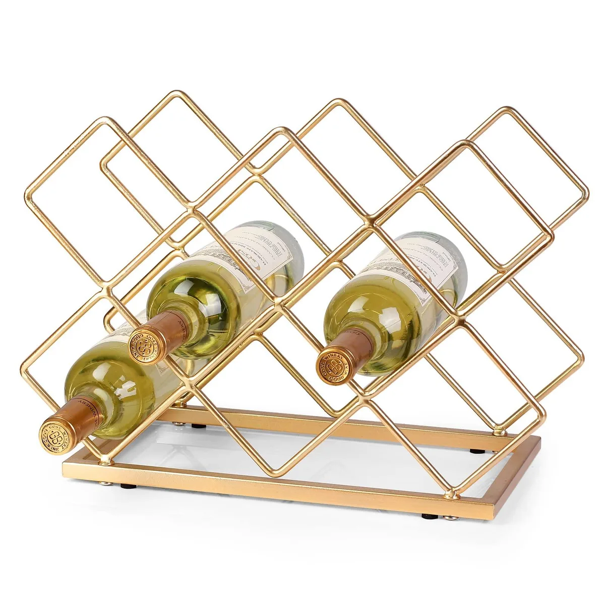 Gold metal countertop wine rack with geometric bottle slots, 7.6 by 16.1 by 11.4 inches