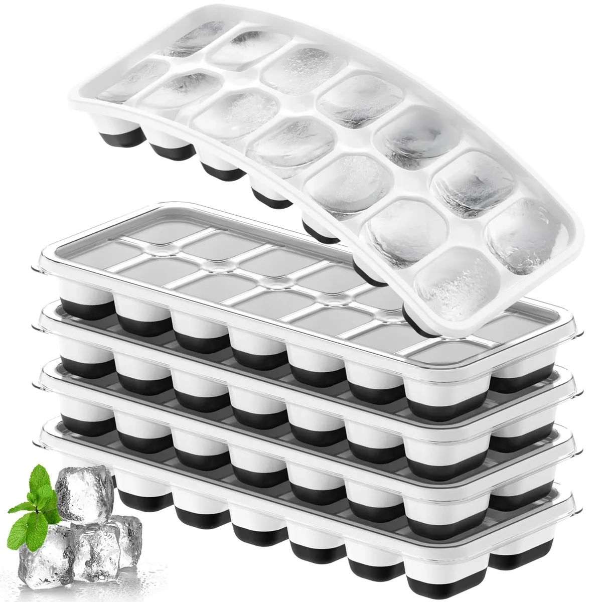Five black stackable silicone ice cube trays with lids