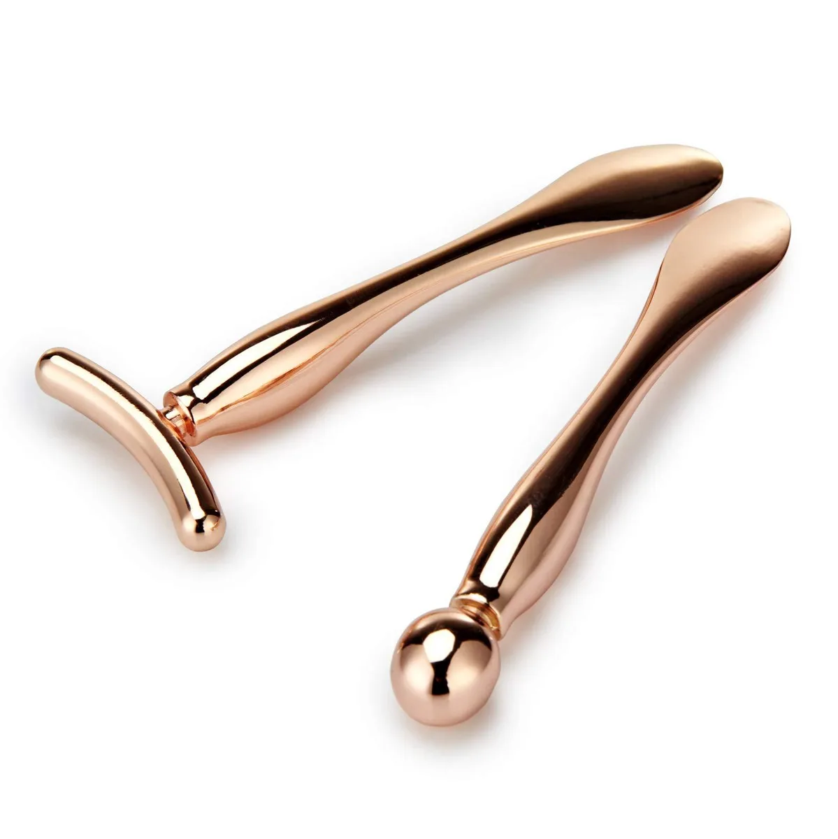 Two rose-gold metal massage wands in a set