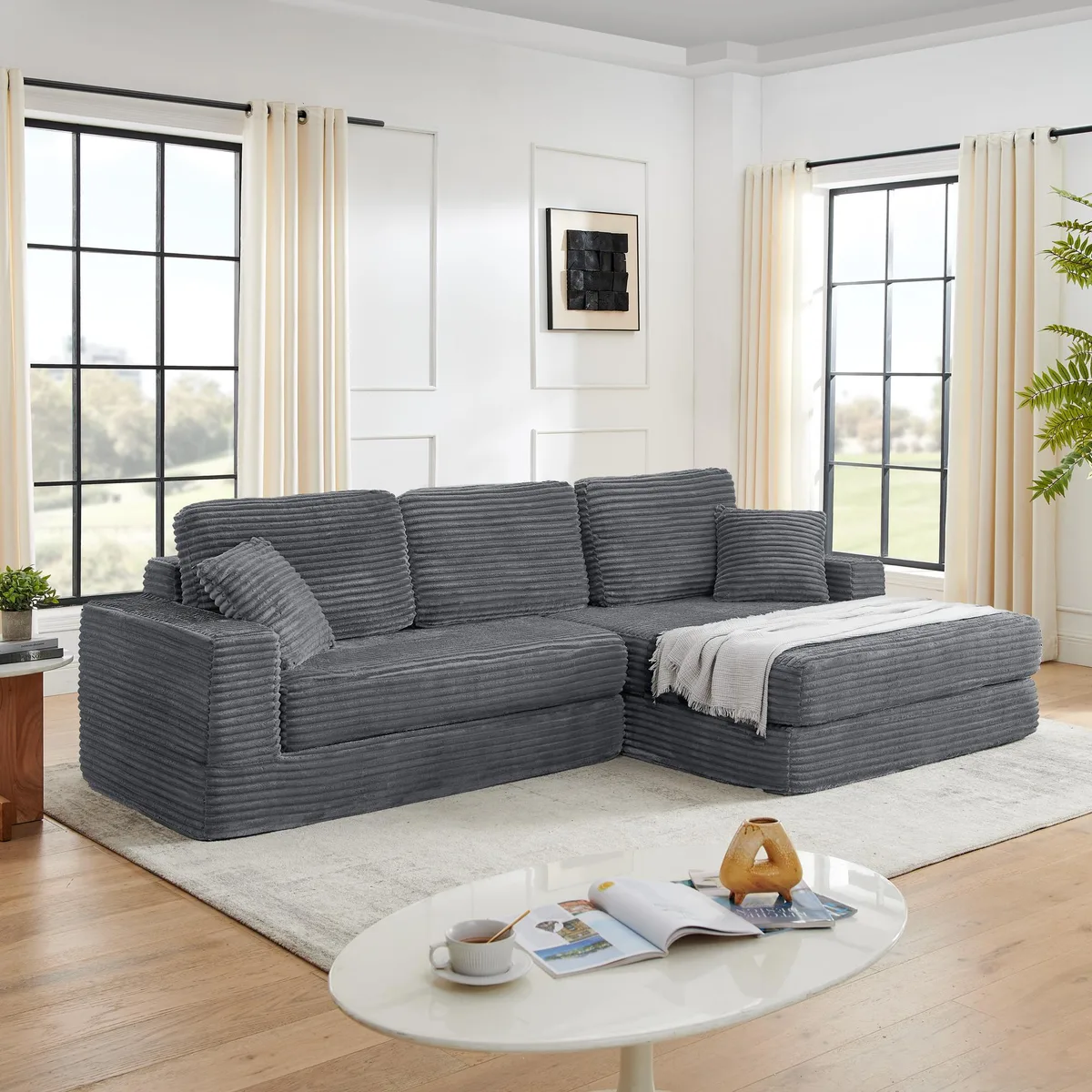 Gray modular right-seat sectional sofa with corduroy fabric and foam cushions