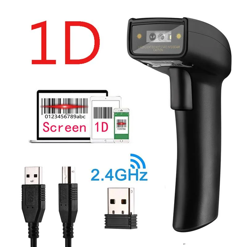 Handheld 1D barcode scanner, matte black with trigger, includes USB dongle and cable