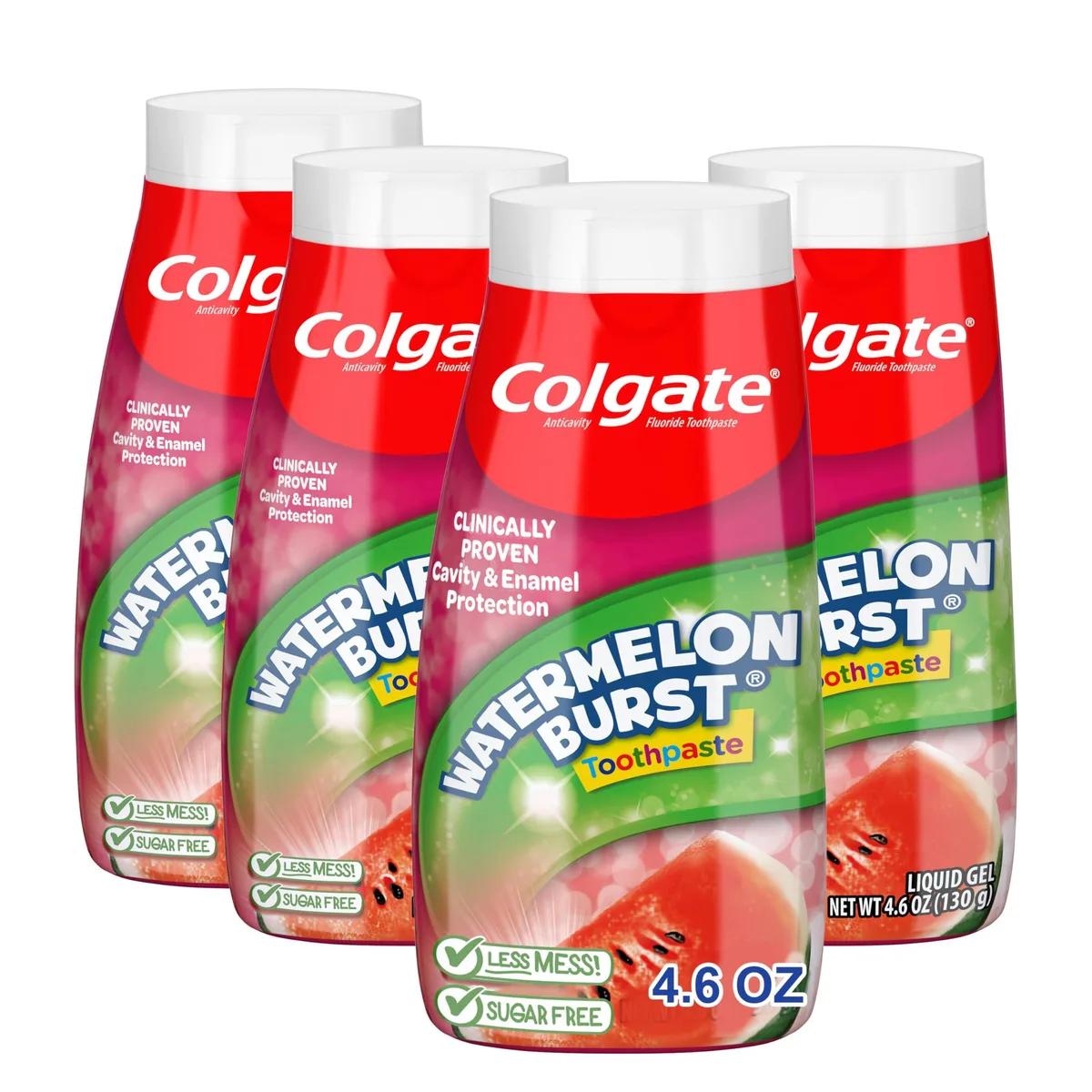 Four green toothpaste tubes in watermelon flavour packaging