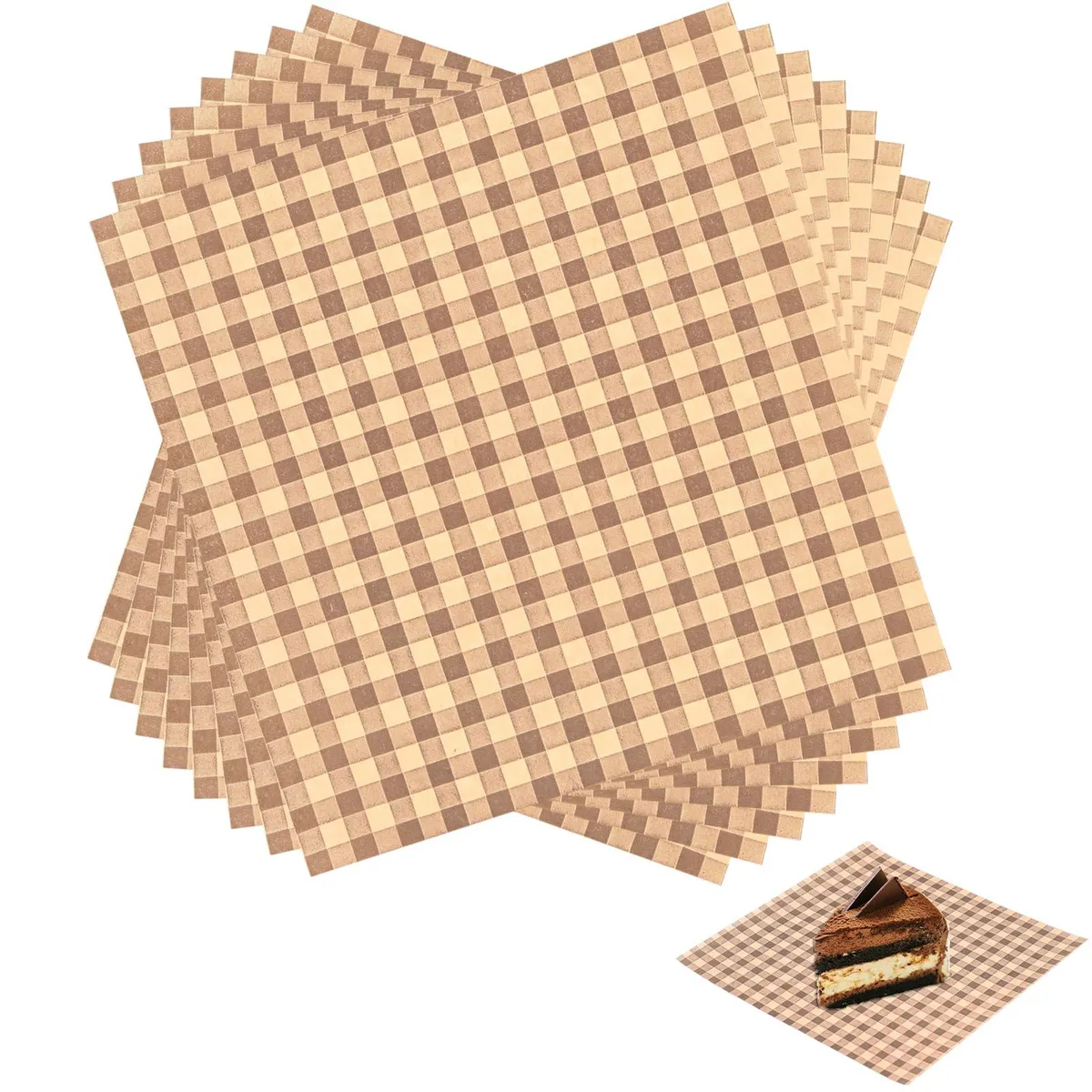 Stack of 100 brown wax paper sheets, 7.1 inch squares, checkered pattern
