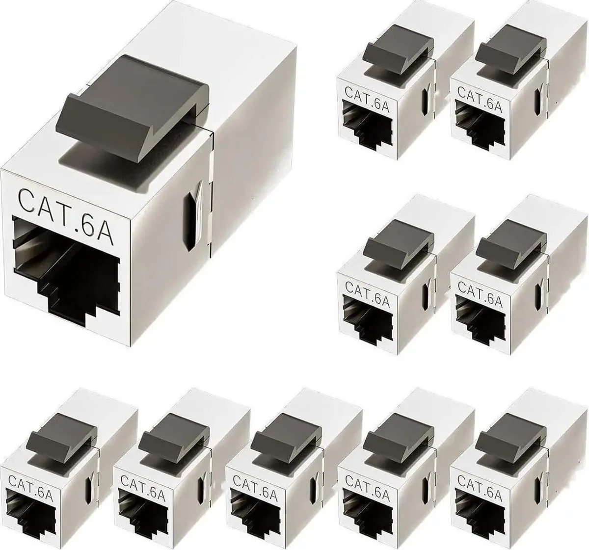 Ten shielded Cat6a keystone couplers, gold contacts, metal housing