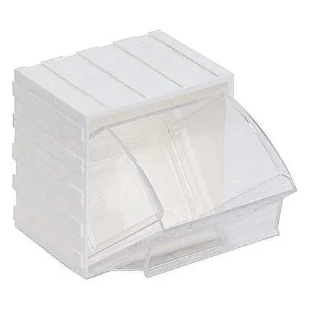 White tip-out bin with clear drawer, freestanding or wall-mountable, stackable design