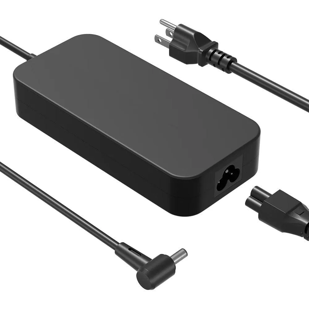 Rectangular black power brick with barrel connector and cord