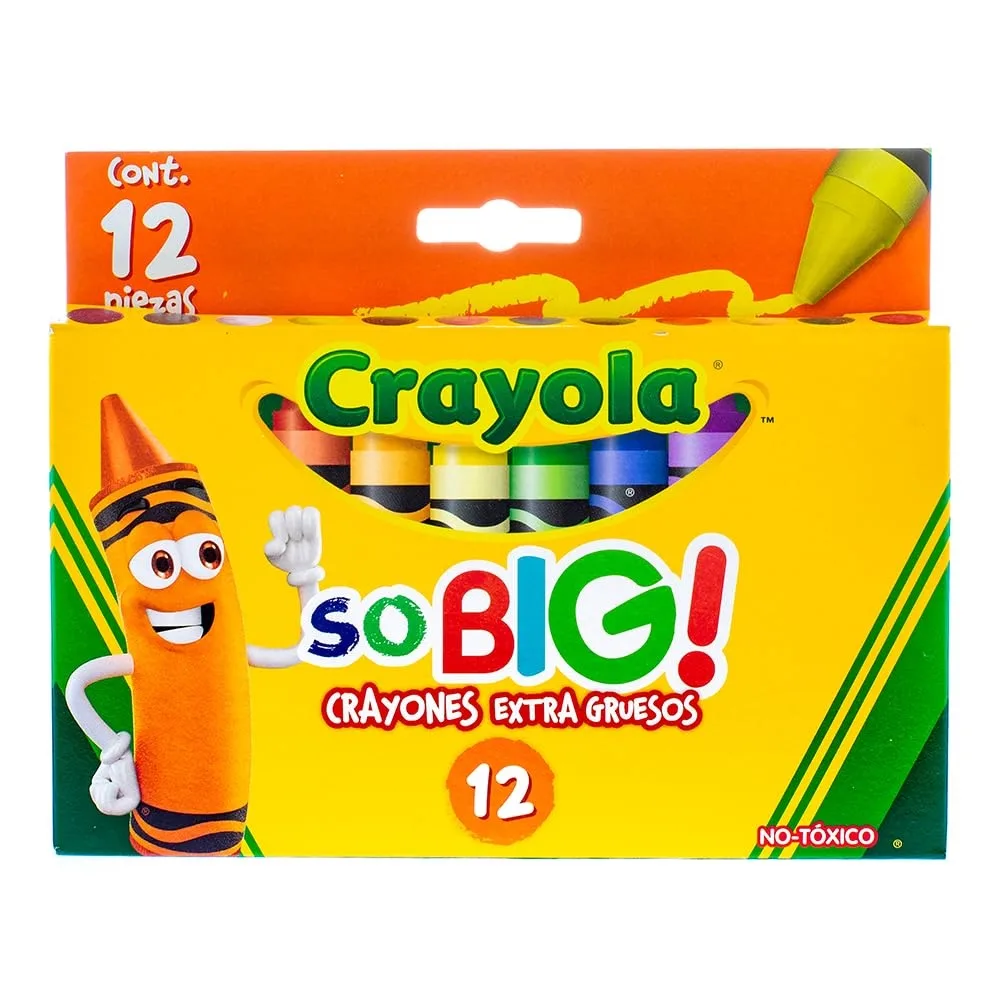 A rectangular box holding twelve thick wax crayons in assorted colours