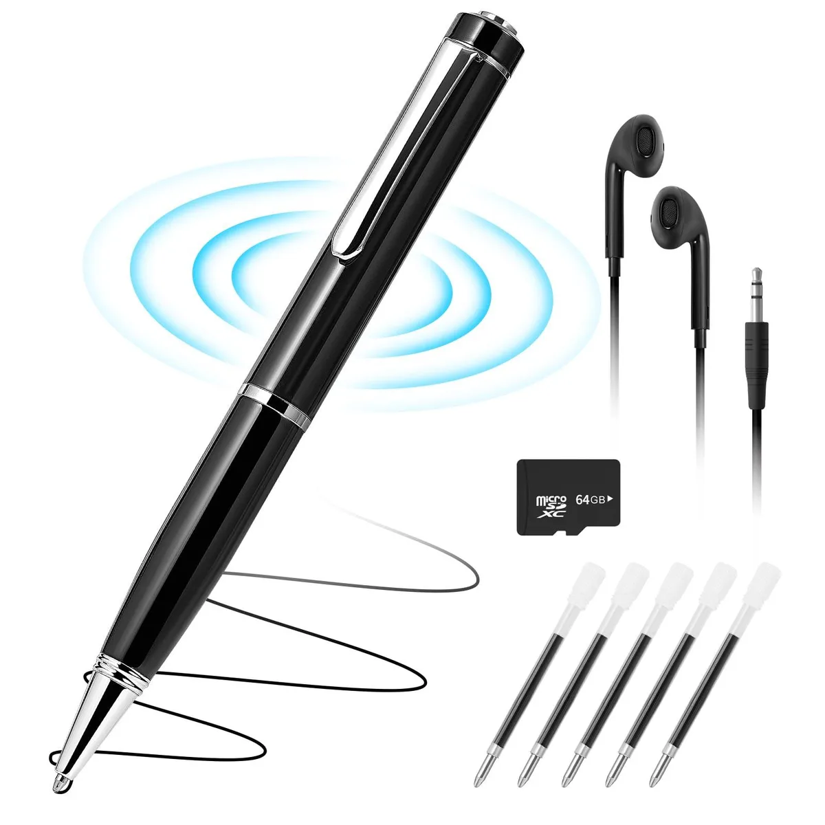Black rectangular voice recorder with top button, micro-USB port and 3.5 mm headphone jack