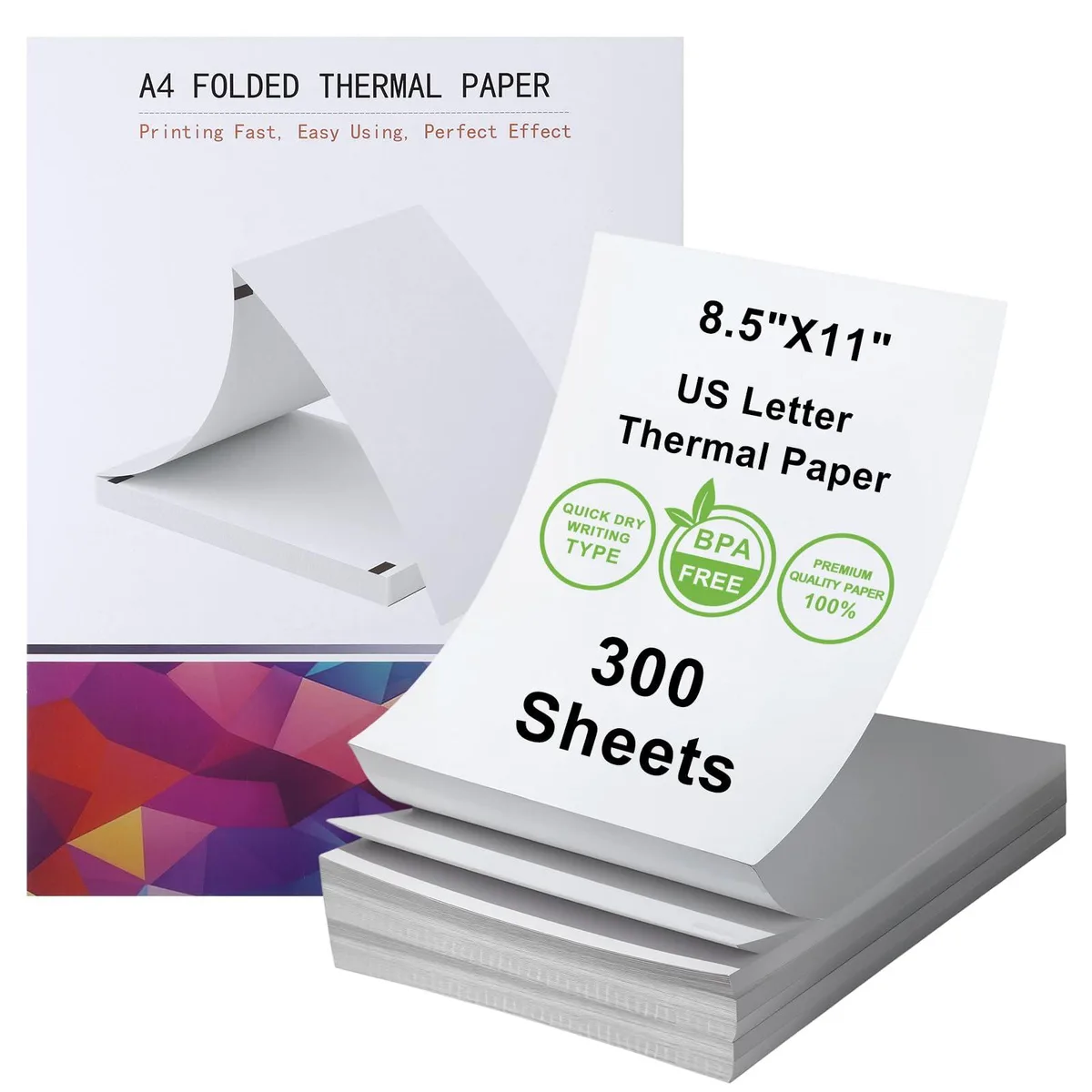 White folded continuous thermal paper stack, premium matte finish, 300 letter-size sheets