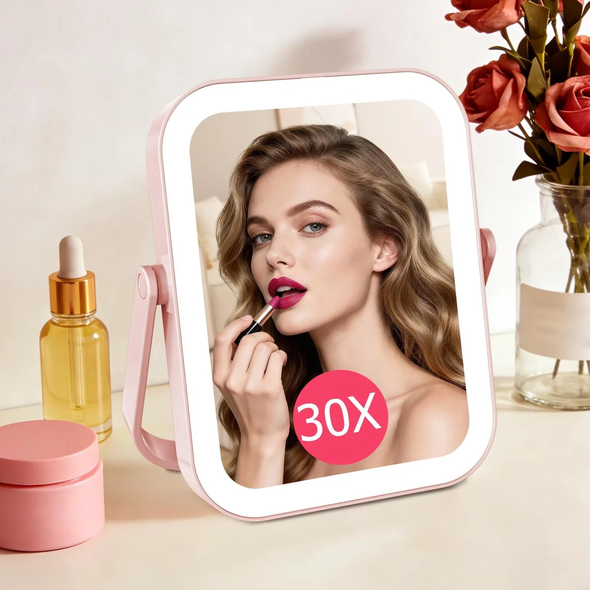 Pink square tabletop mirror with built-in lights and touch controls