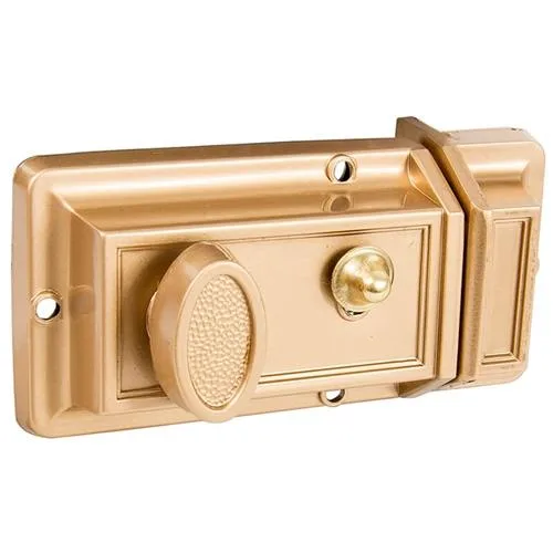Polished brass rim lock body with turn knob, key cylinder and angle strike bracket