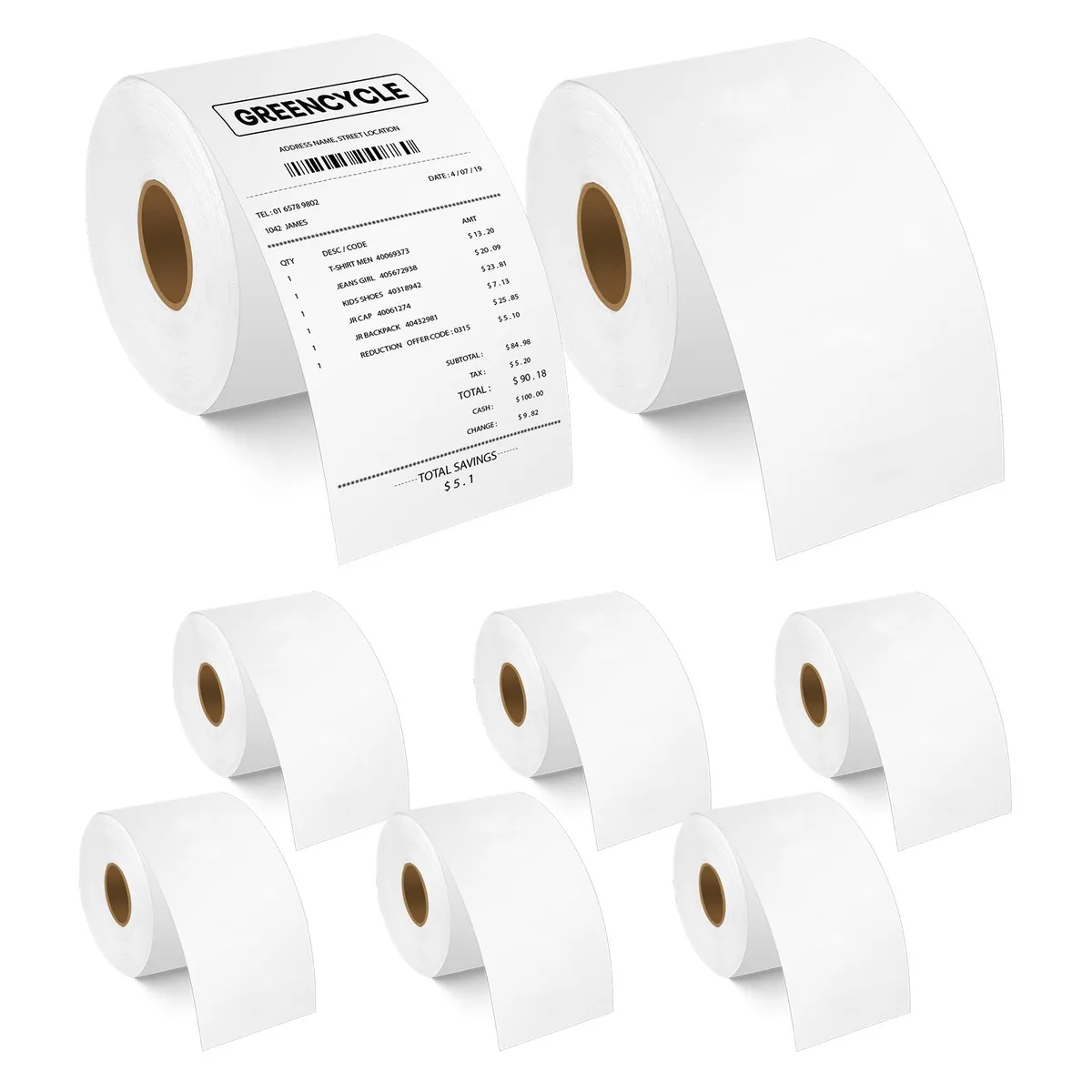 GREENCYCLE GREENCYCLE DM-30270 8 Roll White Continuous Receipt Labels 57mm x 76m — product photo