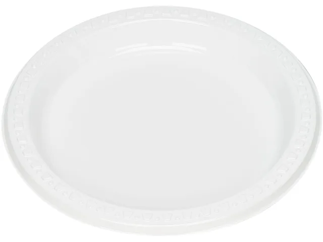 Stack of 125 white 7-inch disposable plastic plates
