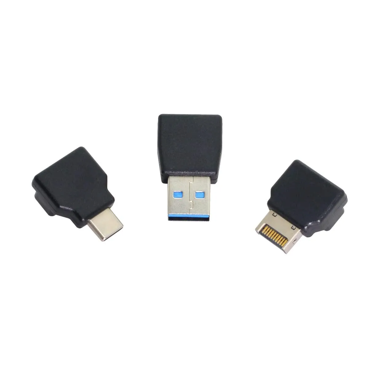 Three small angled adapters with Type-E female sockets and Type-C, Type-A and Type-E male plugs