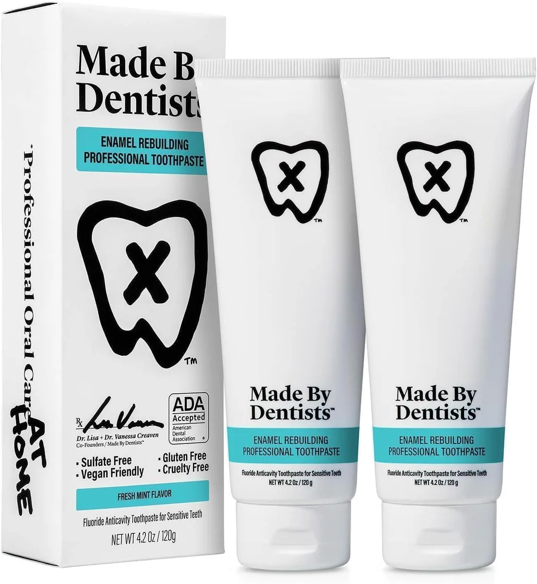 Two white 4.2oz toothpaste tubes in recyclable packaging