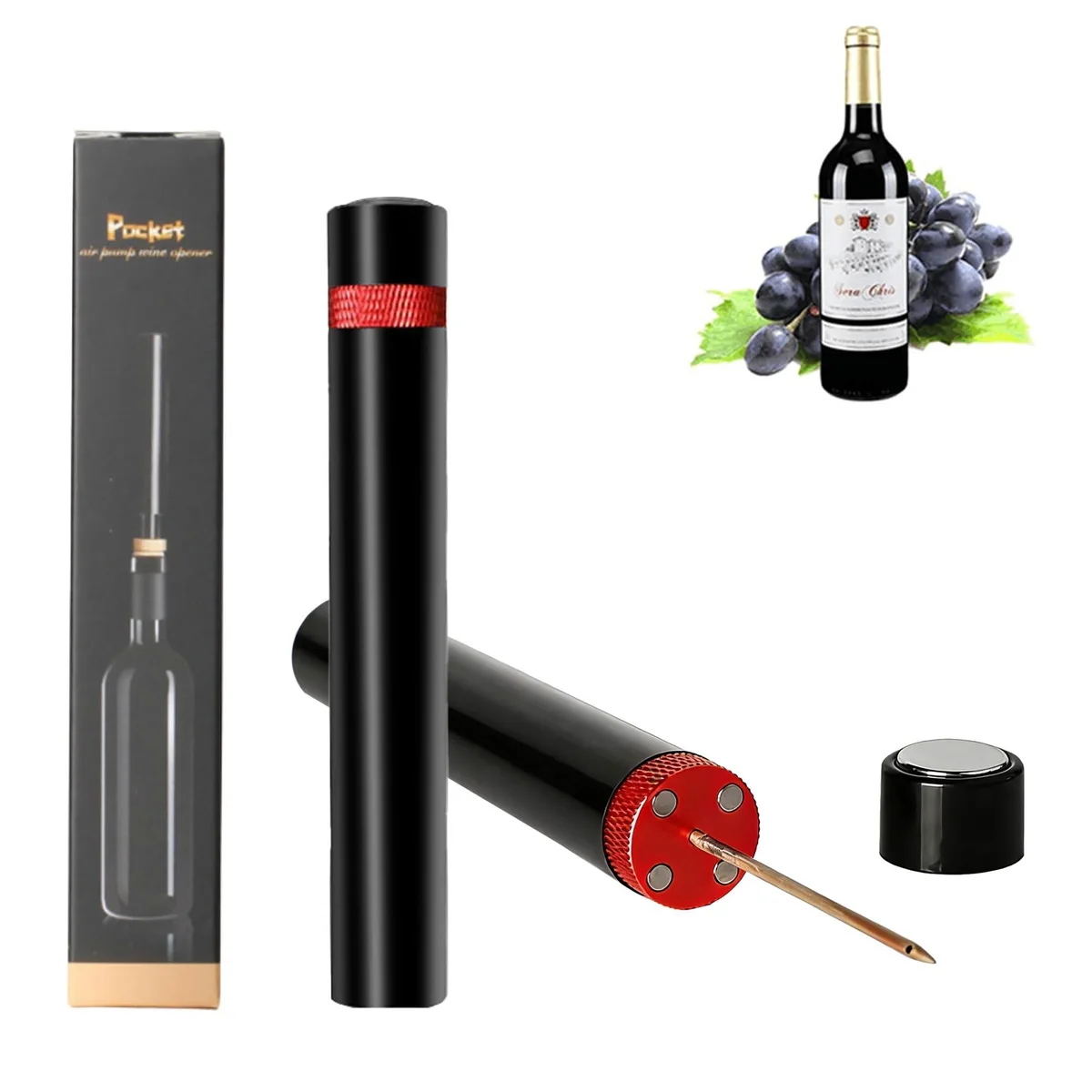 Red needle-type wine opener with aluminum handle