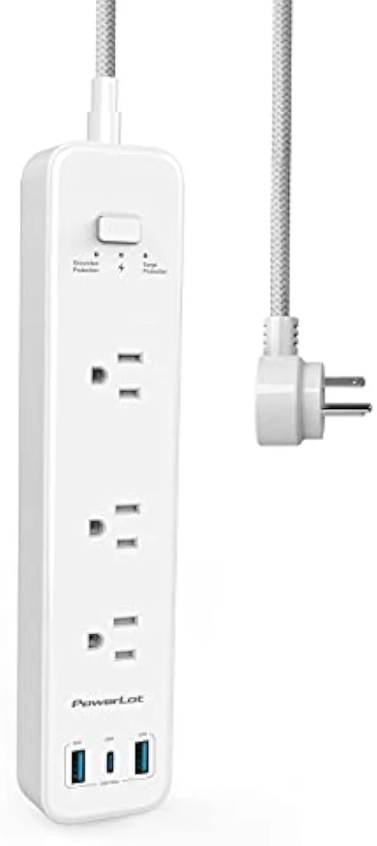 White rectangular power strip with three AC outlets three USB ports flat plug and braided cord