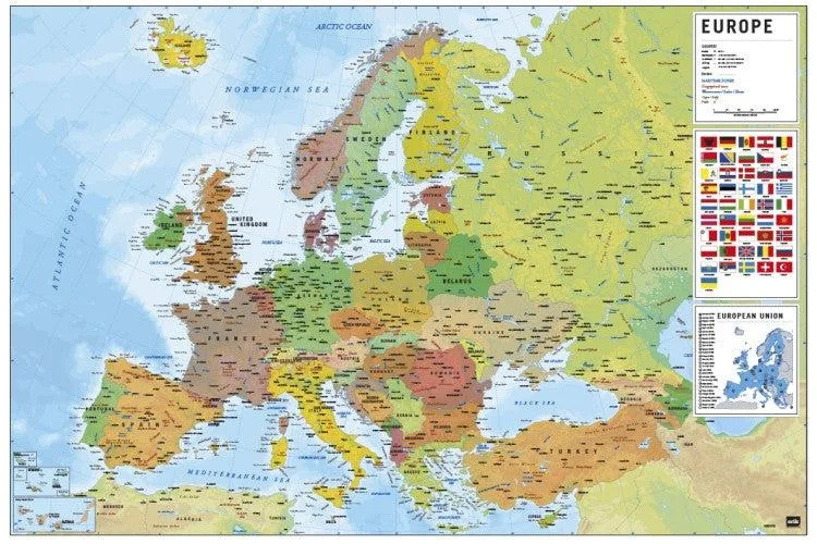 Europe map poster 36 by 24 inches on premium heavy stock paper