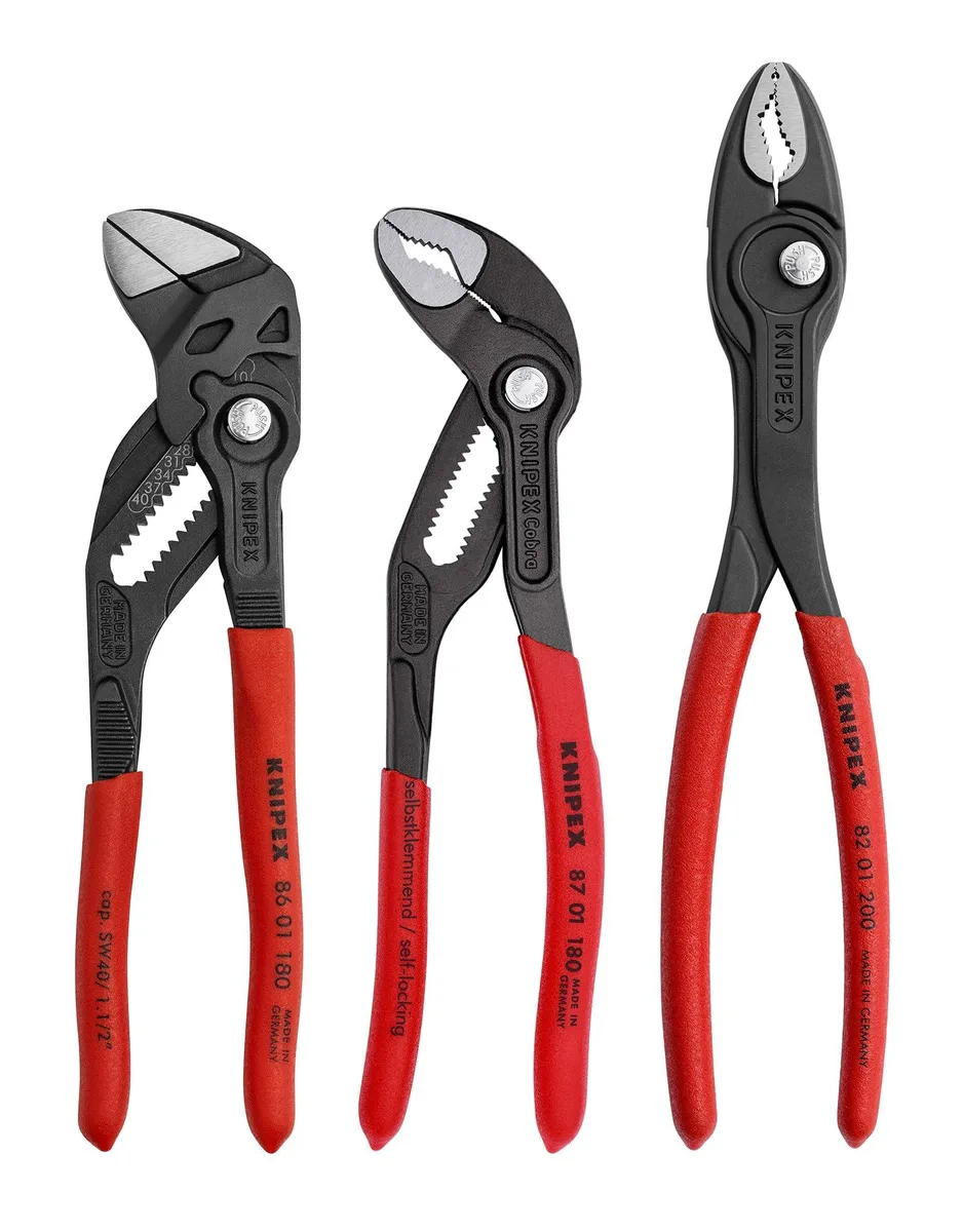 Three pliers in a blue plastic case: Cobra water pump pliers, pliers wrench and TwinGrip pliers