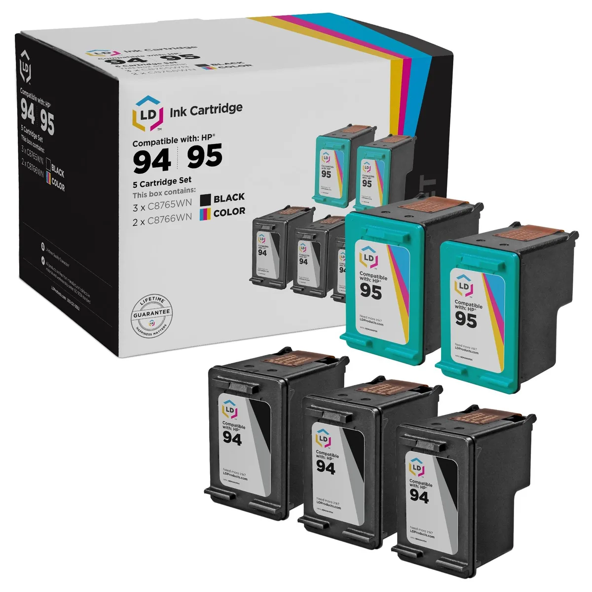 LD Products LD Products HP 94 &amp; 95 Remanufactured Ink Cartridge 5-Pack (3 Black, 2 Color) — product photo