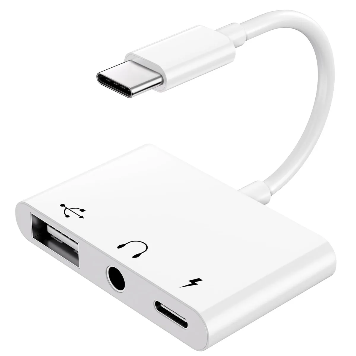 White USB-C adapter with 3.5mm jack and USB port, rectangular shape