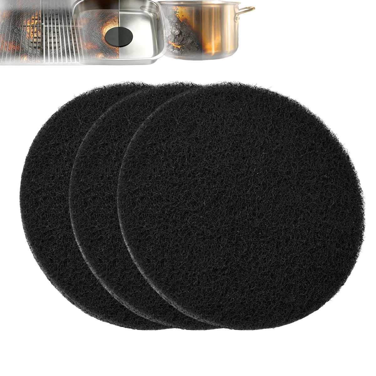 Three black stainless steel scrubber sponges, each .4 in thick