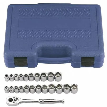 Clear case holding 23-piece socket wrench set with pear-head ratchet