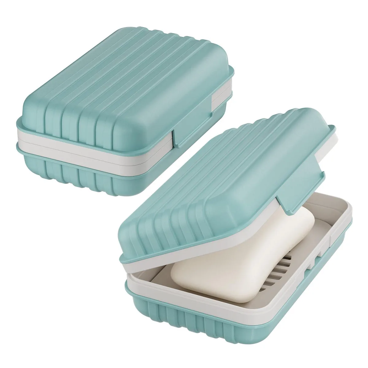 Blue rectangular plastic soap case with lid and drainage tray, 4.7 x 3.0 x 2.0 in
