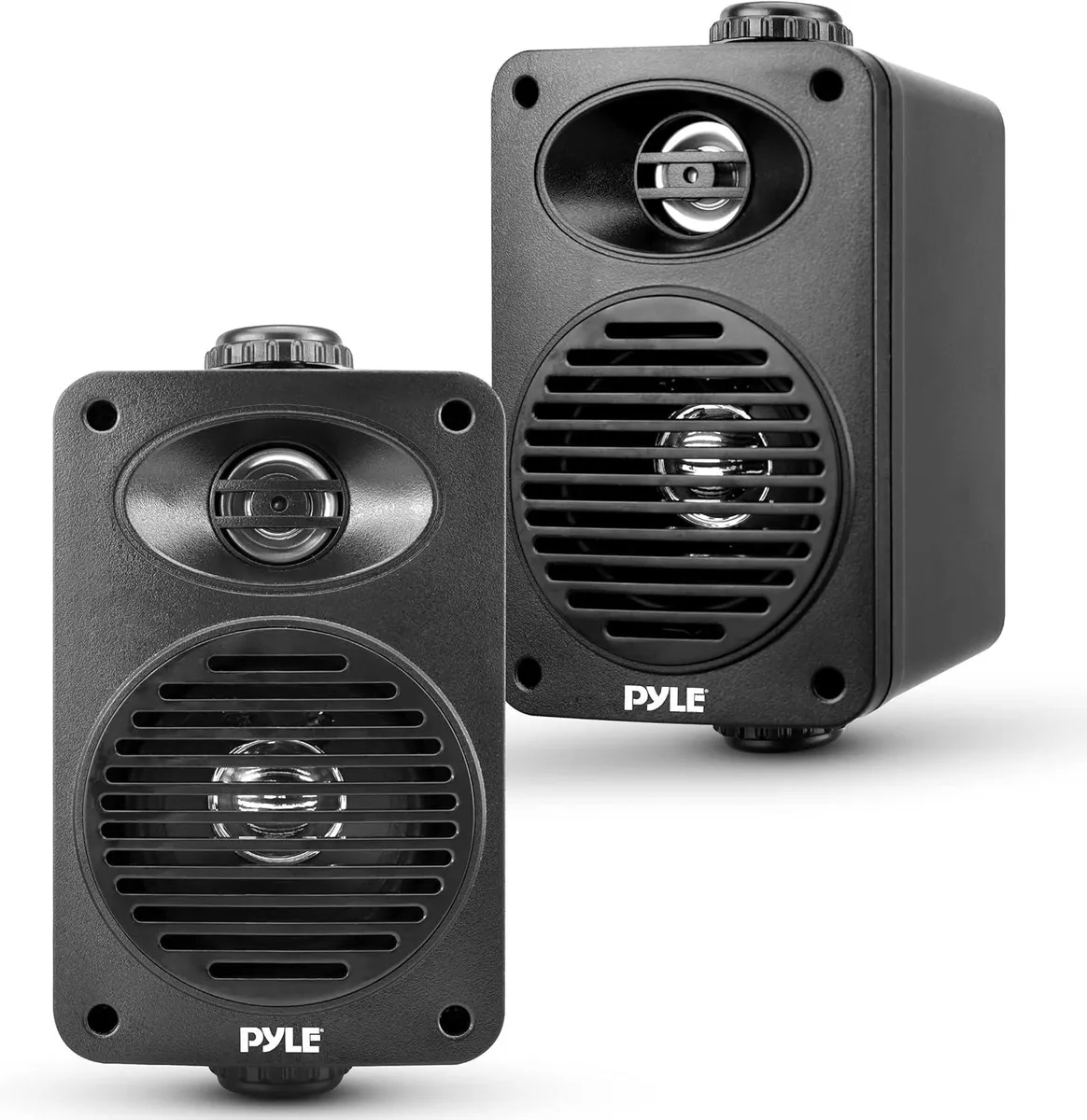 Pair of white on-wall speakers with 3.5 inch drivers and mounting brackets