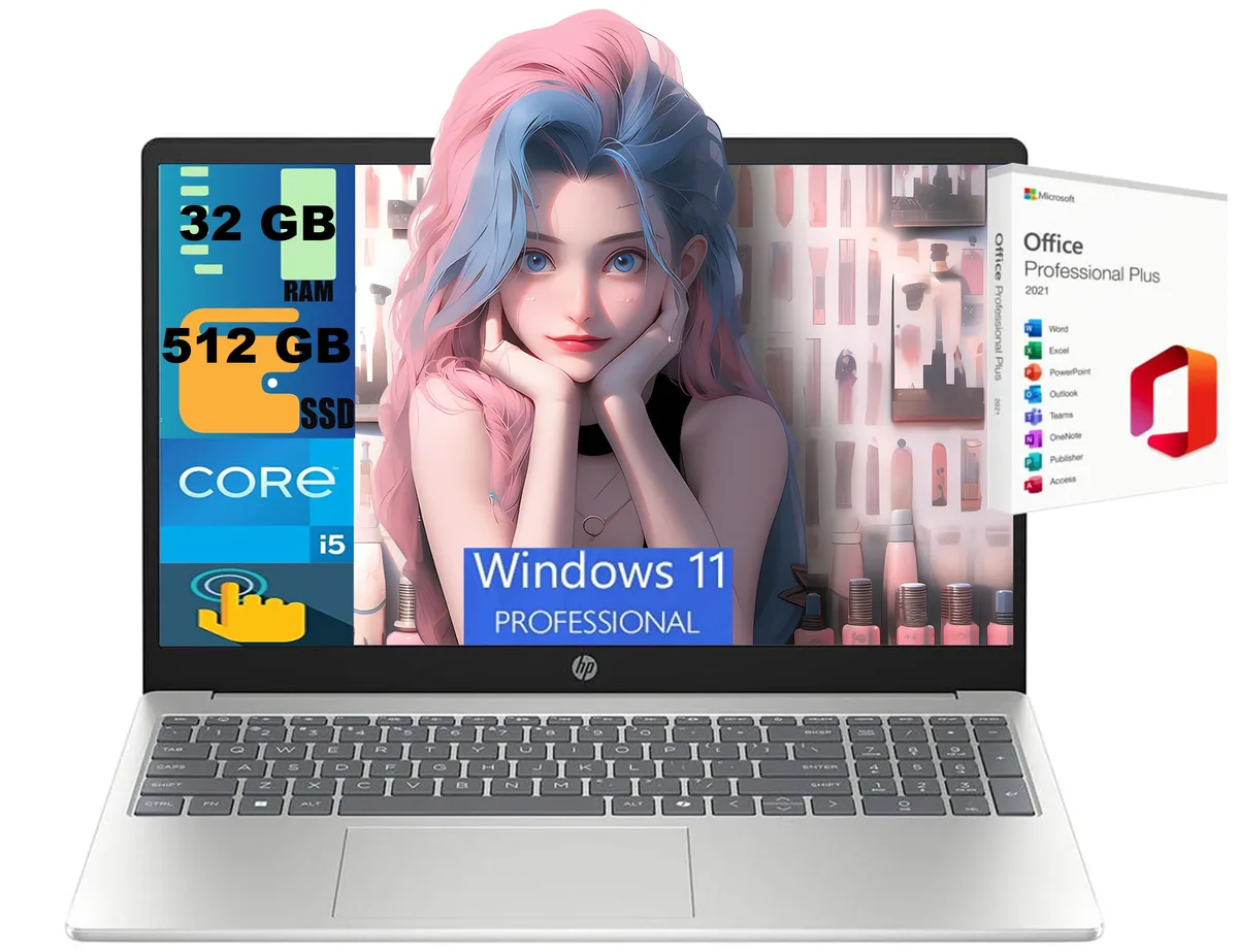 HP HP 15 laptop 15.6 FHD touchscreen i5-1334U 10-core 32GB 512GB PCIe SSD Windows 11 Pro Silver — product photo